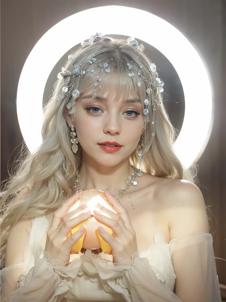Realistic photo of a beautiful 4m4nd4s-v2 woman, 1girl, 独奏,((deep red lips)), long hair, smile, blonde hair, jewelry, green eyes, earrings, lips, realistic, soft lighting, professional Photography, Photorealistic, detailed, RAW, analogue, sharp focus, 8K, HD, dslr, high quality, Fujifilm XT3, film grain, award winning, masterpiece,Blue Eyes,18 years old foreign girl,Holding a glowing crystal ball in hand