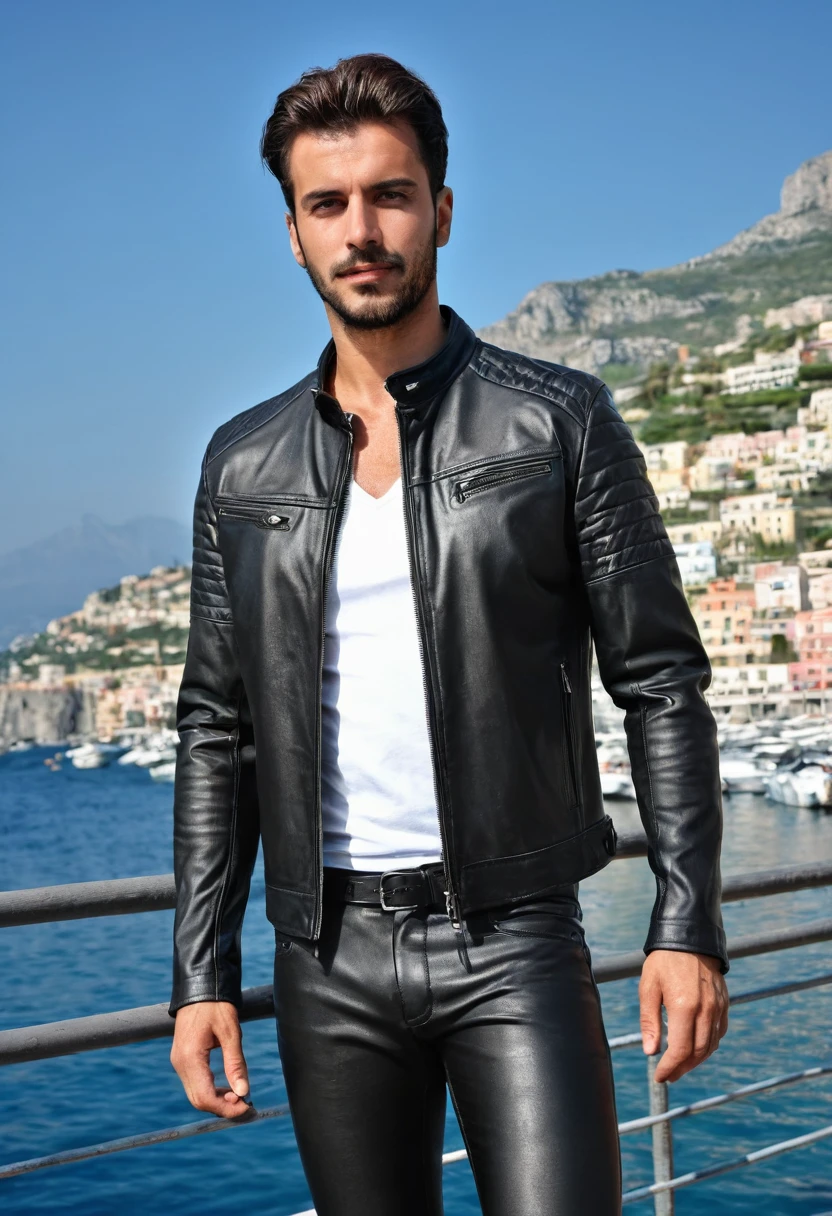 A 35 years old man, with a black pants,white social shirt, italian background, hands on the pocket, a black leather jacket with zippers and zippered sleeves, black leather slim clothes, black leather garment, very aesthetic leather jacket, leather jackets, leather clothes, leather clothing, black leather jacket, leather jacket, black leather, leather, wearing leather jacket, black draconic - leather, wearing a leather jacket, leather padding, wearing samcrow leather jacket clothing photography ,amazing italian background, 4k, realistic ,boats are docked in the water near a town on a hill, italian mediterranean city, mediterranean island scenery, italy, southern european scenery, gulf of naples, beautiful italian beach scene, mediterranean city, capri coast, fantasy italy, naples, mediterranean, beautiful place, mediterranean vista, beauitful, incredibly beautiful, unknown, beautiful high resolution, happy italian beach scene, imposing