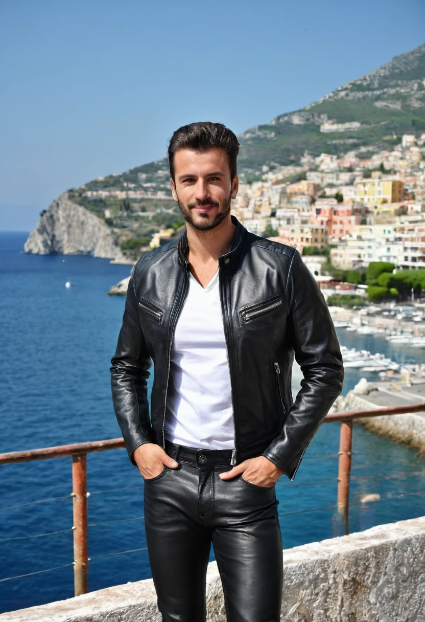 A 35 years old man, with a black pants,white social shirt, italian background, hands on the pocket, a black leather jacket with zippers and zippered sleeves, black leather slim clothes, black leather garment, very aesthetic leather jacket, leather jackets, leather clothes, leather clothing, black leather jacket, leather jacket, black leather, leather, wearing leather jacket, black draconic - leather, wearing a leather jacket, leather padding, wearing samcrow leather jacket clothing photography ,amazing italian background, 4k, realistic ,boats are docked in the water near a town on a hill, italian mediterranean city, mediterranean island scenery, italy, southern european scenery, gulf of naples, beautiful italian beach scene, mediterranean city, capri coast, fantasy italy, naples, mediterranean, beautiful place, mediterranean vista, beauitful, incredibly beautiful, unknown, beautiful high resolution, happy italian beach scene, imposing