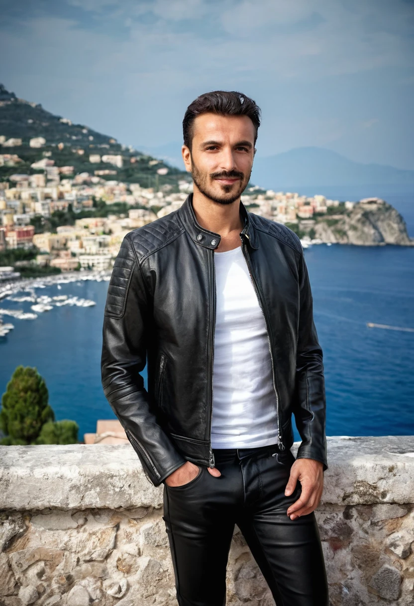 A 35 years old man, with a black pants,white social shirt, italian background, hands on the pocket, a black leather jacket with zippers and zippered sleeves, black leather slim clothes, black leather garment, very aesthetic leather jacket, leather jackets, leather clothes, leather clothing, black leather jacket, leather jacket, black leather, leather, wearing leather jacket, black draconic - leather, wearing a leather jacket, leather padding, wearing samcrow leather jacket clothing photography ,amazing italian background, 4k, realistic ,boats are docked in the water near a town on a hill, italian mediterranean city, mediterranean island scenery, italy, southern european scenery, gulf of naples, beautiful italian beach scene, mediterranean city, capri coast, fantasy italy, naples, mediterranean, beautiful place, mediterranean vista, beauitful, incredibly beautiful, unknown, beautiful high resolution, happy italian beach scene, imposing