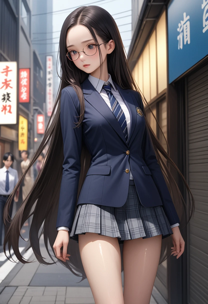 ((masterpiece,Highest quality:1.3,best illustration,realistic:0.7)),1woman、独奏,20 year old Japanese beauty,((very small head:1.3)),center parted bangs,forehead,black hair,long hair,black eyes,gorgeous eyes,Black-rimmed glasses、shy,medium breasts,((very long body:1.2)),((toned body,slender body,skinny)),gleaming skin,shiny skin,oily skin,(School uniform、Dark blue blazer jacket、Navy blue tie、Grey plaid pleated mini skirt),on street,Tokyo、