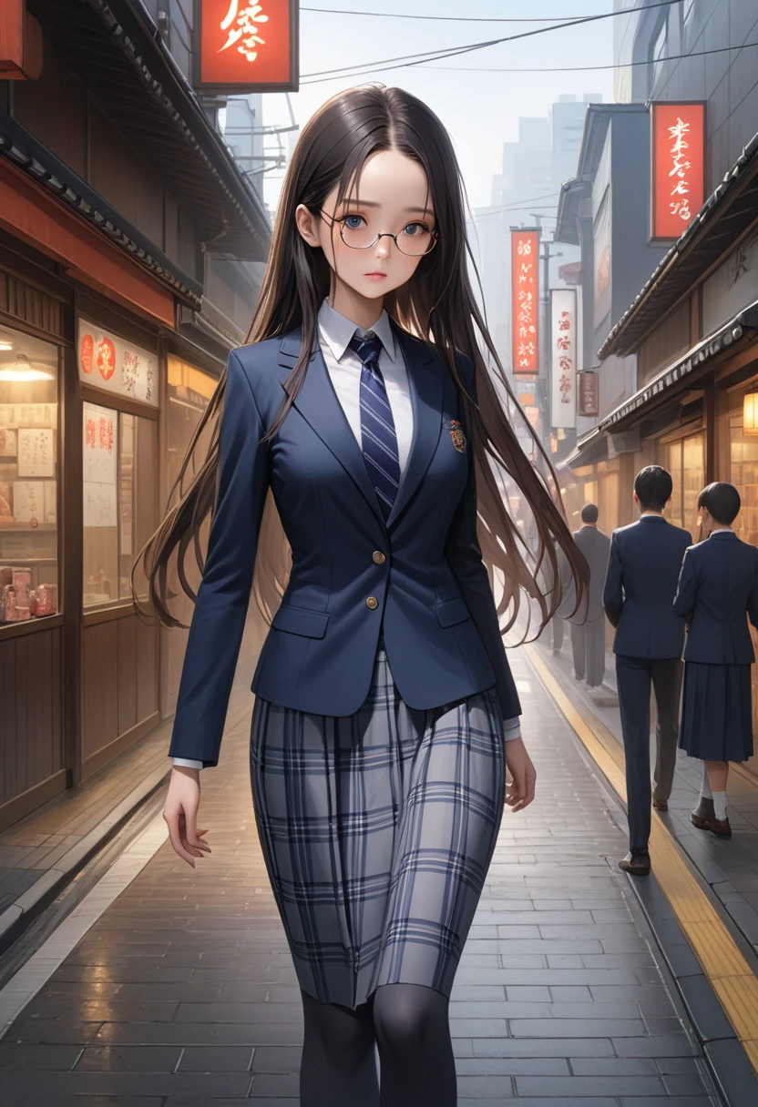 ((masterpiece,Highest quality:1.3,best illustration,realistic:0.7)),1woman、独奏,20 year old Japanese beauty,((very small head:1.3)),center parted bangs,forehead,black hair,long hair,black eyes,gorgeous eyes,Black-rimmed glasses、shy,medium breasts,((very long body:1.2)),((toned body,slender body,skinny)),gleaming skin,shiny skin,oily skin,(School uniform、Dark blue blazer jacket、Navy blue tie、Grey plaid pleated mini skirt),on street,Tokyo、