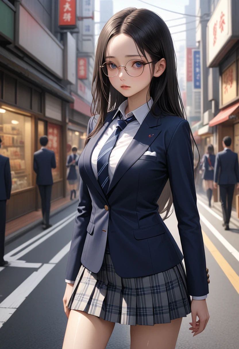 ((masterpiece,Highest quality:1.3,best illustration,realistic:0.7)),1woman、独奏,20 year old Japanese beauty,((very small head:1.3)),center parted bangs,forehead,black hair,long hair,black eyes,gorgeous eyes,Black-rimmed glasses、shy,medium breasts,((very long body:1.2)),((toned body,slender body,skinny)),gleaming skin,shiny skin,oily skin,(School uniform、Dark blue blazer jacket、Navy blue tie、Grey plaid pleated mini skirt),on street,Tokyo、