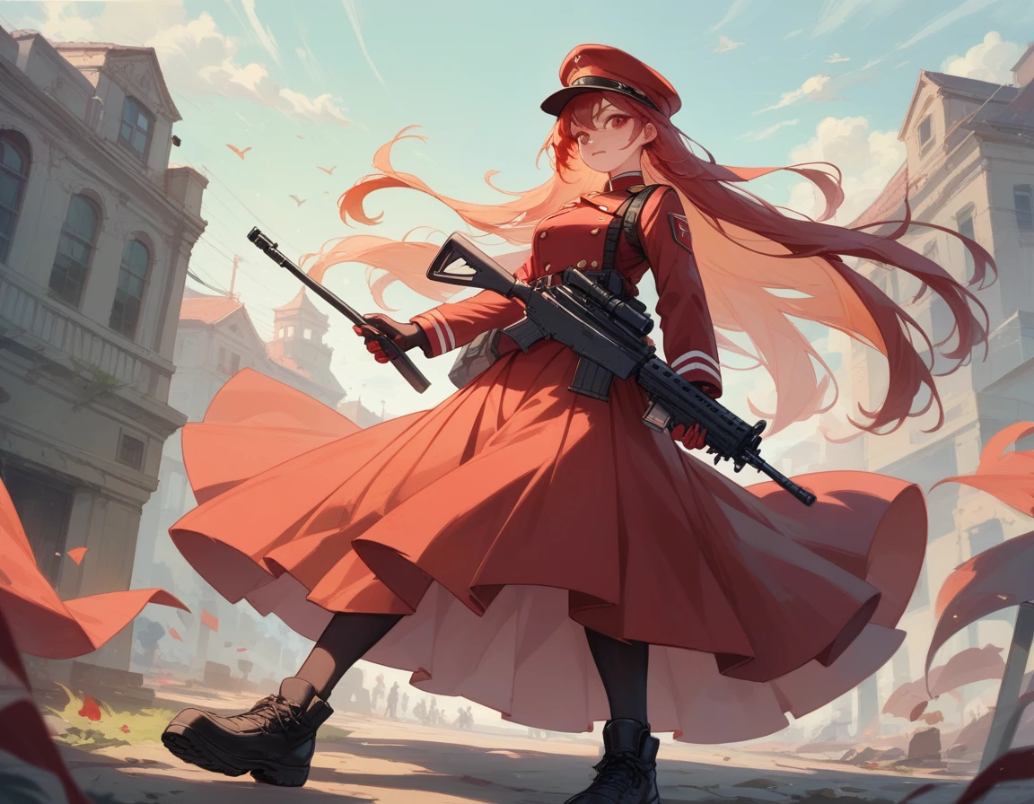 A platoon of girls wearing bright red military uniforms and long red skirts、A pair of girl platoon leaders and girl soldiers wearing red military uniforms and red long skirts and equipped with assault rifles