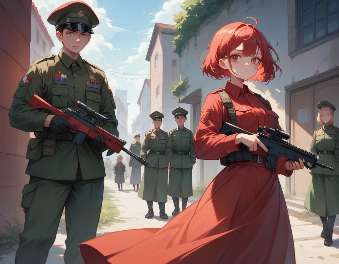 A platoon of girls wearing bright red military uniforms and long red skirts、A pair of girl platoon leaders and girl soldiers wearing red military uniforms and red long skirts and equipped with assault rifles
