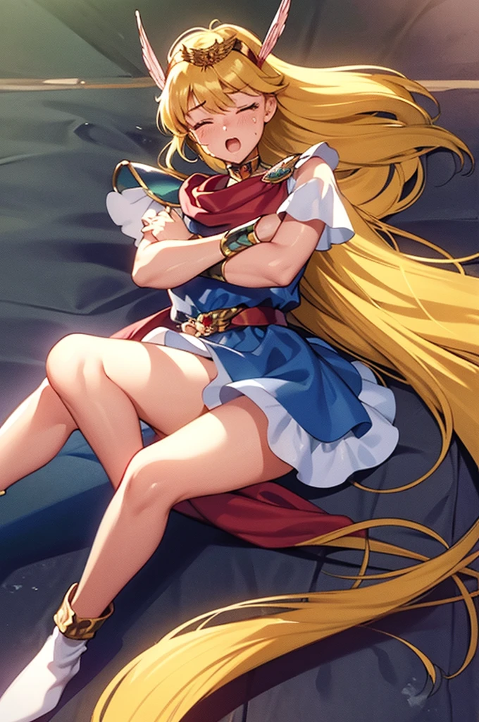 Shiny blond hair, very long hair, sophisticated haircut, ((((hair fully braided)))), ((small twisted braids)), thin and oval face, submissive, ((((tight wool crop top)))), ((((tight skirt)))), cute and blushing 18 years old anime girl, look away because she is embarrassed and blushes, bright blue eyes, detailed face, detailed members, detailed arms, detailed hands, Girl lying, tied by ropes, shackled, can no longer move, tied tightly, very hard tied up with lots of ropes, hampered by so many ropes that she can no longer move, bound hands and feet, ropes tie his whole body, tied extremely tightly and forcefully to her bed by a lot of ropes, its limbs are strongly tied together by ropes, his torso is tied up with thick cords, her chest is so tied up with ropes that it sticks out, her legs are tied tightly with thick ropes, his hands are tied behind his back with ropes, she can no longer move her feet, her hands which are tied by thick ropes, she desperately tries to free herself, likes to be tied tight with big ropes, likes to be immobilized by big ropes, lying down, his hands and feet are strongly tied to the railing of his bed, his legs are pressed together and tied with ropes, its limbs are held vigorously by imposing ropes, her hands are tied securely behind her back by ropes, her chest is compressed by strong ropes, she is pressed against her bed and restrained by large ropes, (shibari, arms behind the back:1.4), (hands on the back), (masterpiece, best quality) 1.5, 1girl, solo, (sexy, beautiful woman, perfect face, perfect eyes, perfect hands), samus aran, (hands on the back), Spread the legs, s&#39; ((lie in bed by big ropes)), ((close up of the girl)), ((((lie in bed)))), ((((arms tied behind the back, Legs Tied,La fille est allongée sur le ventre, La fille est allongée sur le sol:1.5)))), ((((girl seen from behind:1.4)))), ((((girl lying down on her stomach:1.4)))), ((((Outstretched arms:1.5)))), ((((Detailed hands:1.5))))