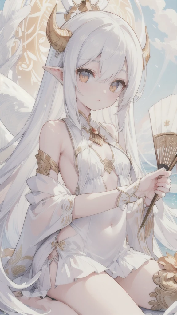 (best quality, highres, ultra-detailed:1.2), beautiful long white hair, stunning golden eyes, intricately designed white folding fan, white dragon horns, ethereal lighting, soft color palette,swimsuit
