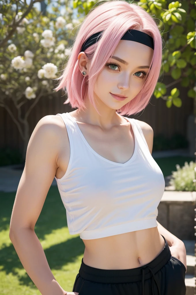 Sakura Haruno,1 girl,Little mom,perfect body,thin waist,sexy body,light pink hair,green eyes,symmetrical face,sharpness,sharp focus,extremely detailed clothing,Nice smile,looking at the viewer,stop,Stand,beautiful garden in the background,Dark blue diamond on the forehead,black gloves,red headband,red jogging pants,Camiseta sleeveless ajustada blanca y roja,sleeveless,Camiseta sleeveless acortada,whole body,retrato de whole body,