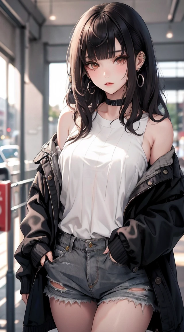 masterpiece, Highest quality, Pixiv, Cool girl, there are a lot of earrings, Earrings, Dark brown hair, Curly Hair, Blunt bangs, Straight bangs, Grey Eyes, Pale skin, Gal, Improve,Undressing figure