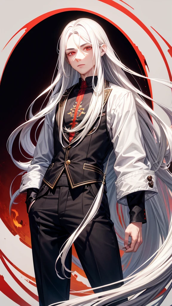 young man with long hair,white hair,red eyes,(oval face) Cold person (Stout figure)