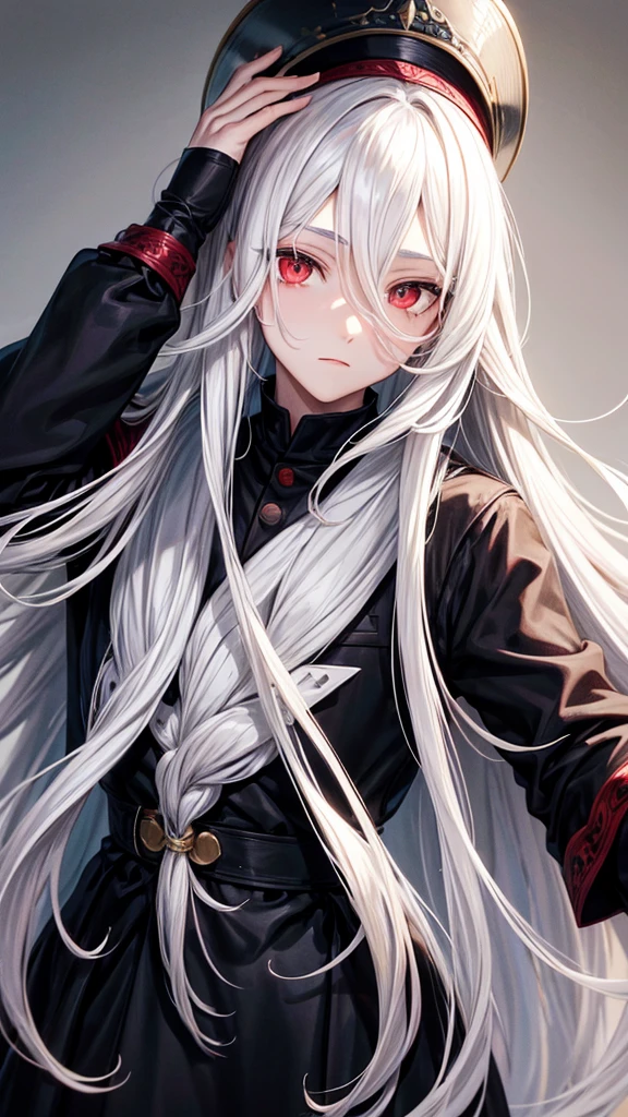 young man with long hair,white hair,red eyes,(oval face) Cold person (Stout figure)