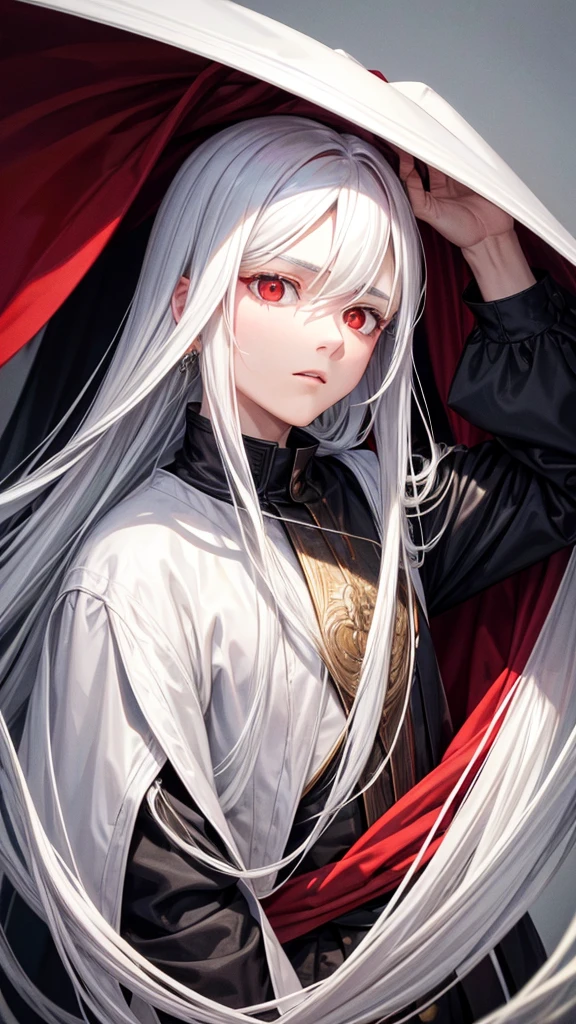 young man with long hair,white hair,red eyes,(oval face) Cold person (Stout figure)