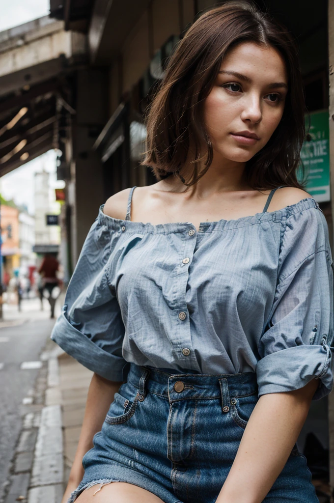 cheveux chatain clair ondulé , les yeux verts, visage carré, coiffée naturellement, jeune adulte. joli corps, corps parfait, belle jeune fille adulte, short en cuir sexy, Tenue de mode londonienne vue panoramique, super haute définition, tir parfait, pose parfaite, Canon 5D Mark 4