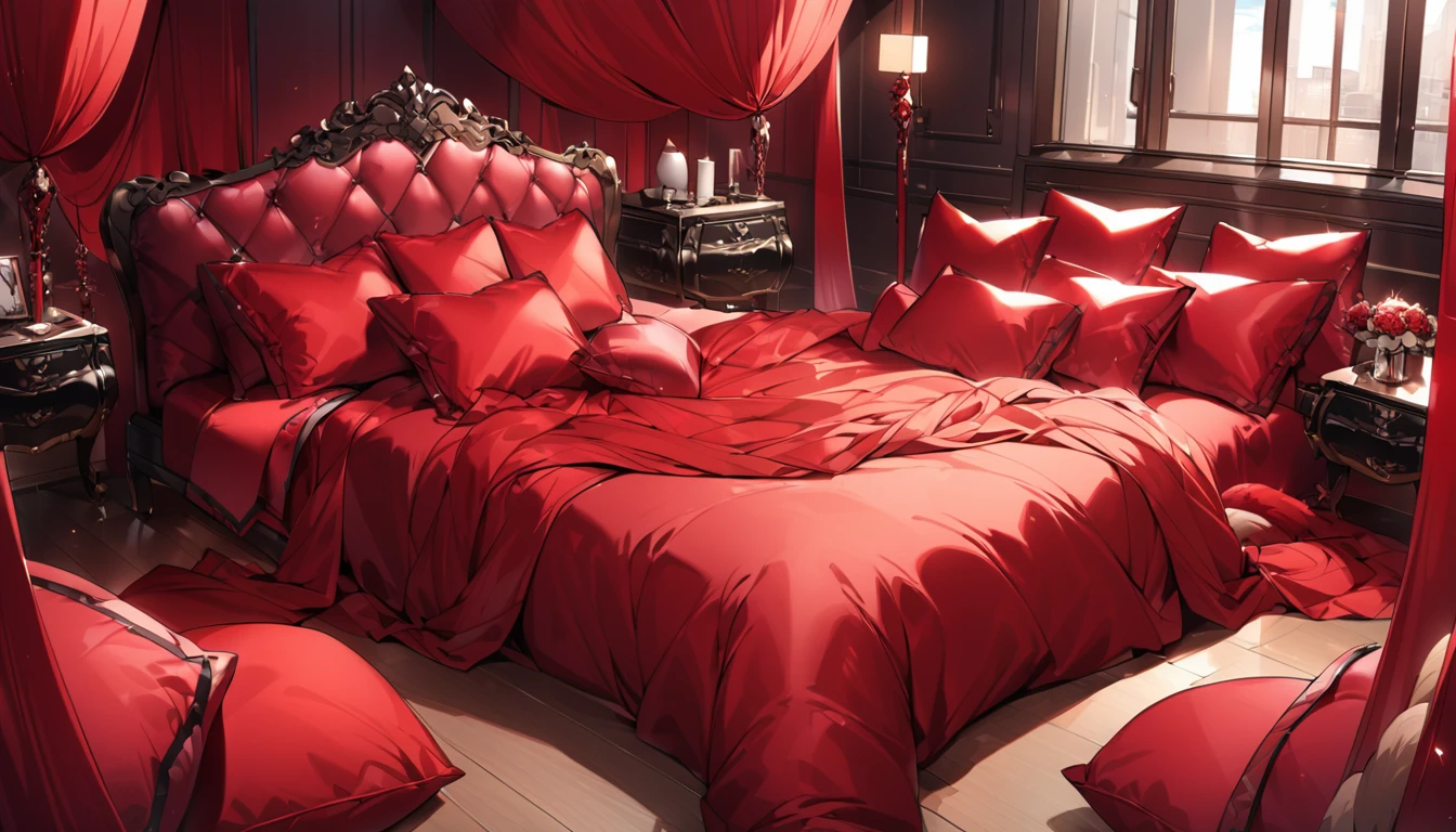Fluffy red silk duvet、Lots of giant silk pillows、Luxurious fluffy red silk bed
