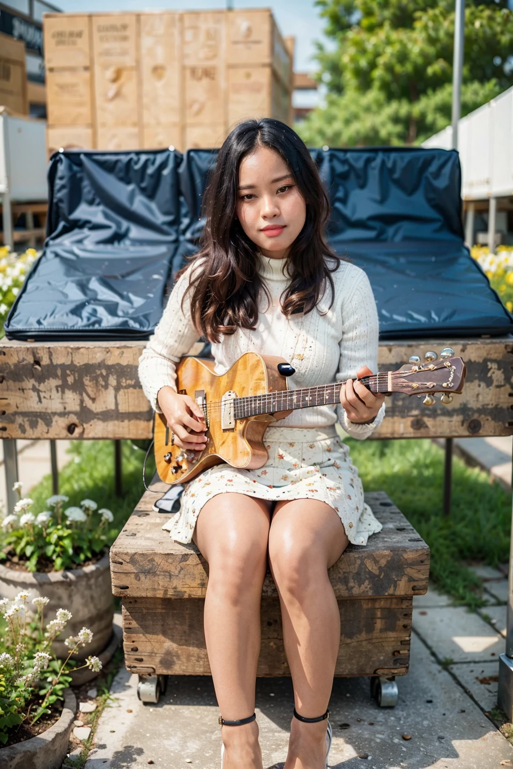 masterpiece, best quality, ultra detailed, high resolution, 1 girl, ((pretty lady MoonLay)), Burmese girl, ((pretty lady MoonLay's seductive sweet face with sweet smile:1.2)), ((playing guitar:1.5)), ((singing with confident)), electric guitar, ((stage background:1.5)), golden hour setting, 8k, ((black sweater turtleneck tight blouse)), (((many white flowers pattern printed on black mini tight skirt:1.2))), (sitting and elegantly cross-legged:1.2), (stiletto high heel), ((full body view:1.5)), (vibrant HDR lighting),