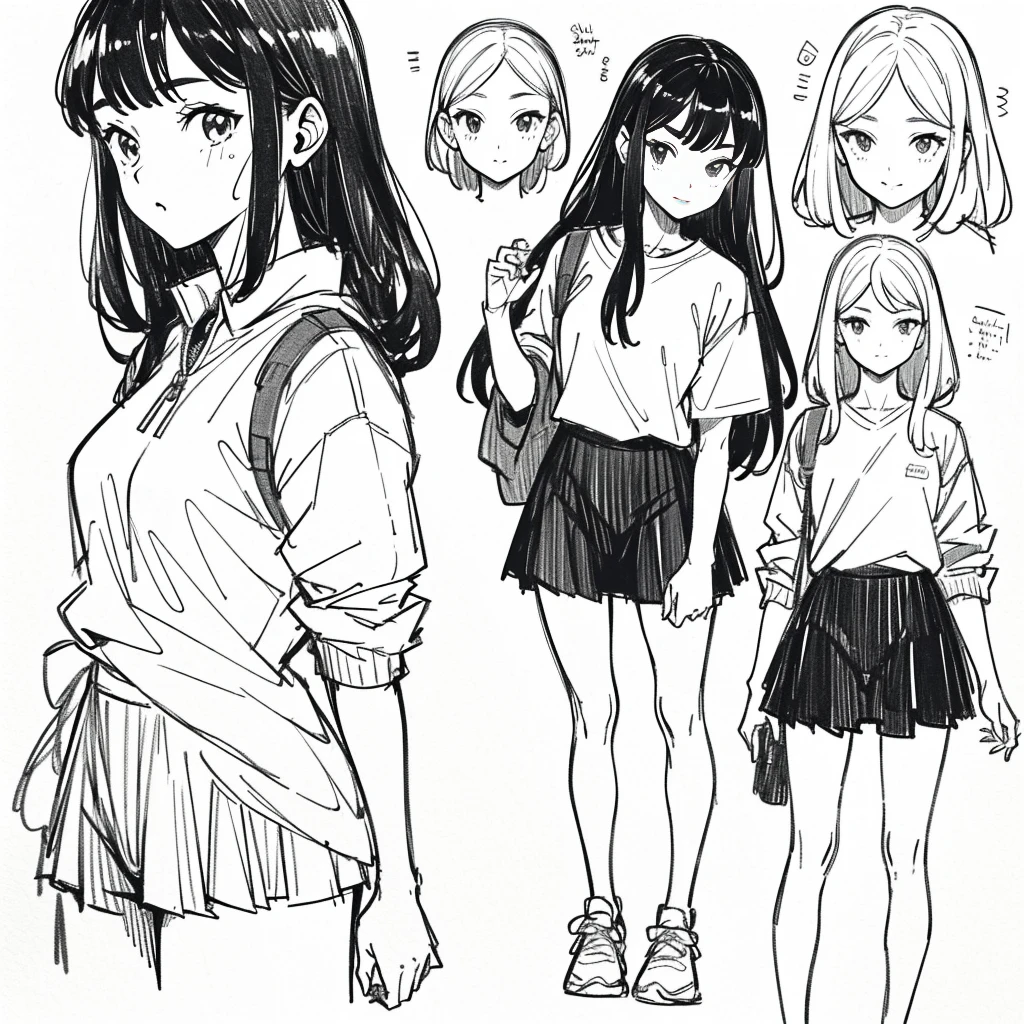 One Girl,Line art,Monochrome,sketch,Black and White,Pencil drawing,Traditional Media,sketch,One Girl, skirt,Cute age Girls, ,Beautiful portrait、Delicate body、Black Hair、Black Hair,landscape