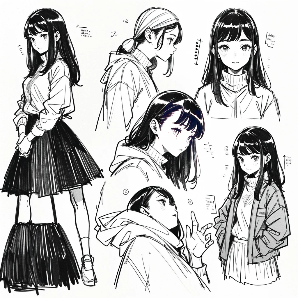 One Girl,Line art,Monochrome,sketch,Black and White,Pencil drawing,Traditional Media,sketch,One Girl, skirt,Cute Teenage Girls, ,Beautiful portrait、Delicate body、Black Hair、Black Hair,landscape