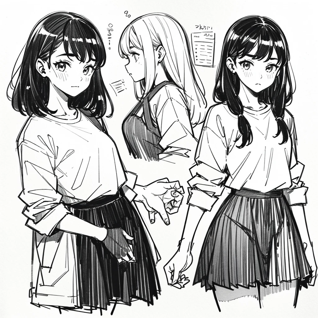 One Girl,Line art,Monochrome,sketch,Black and White,Pencil drawing,Traditional Media,sketch,One Girl, skirt,Cute Teenage Girls, ,Beautiful portrait、Delicate body、Black Hair、Black Hair,landscape