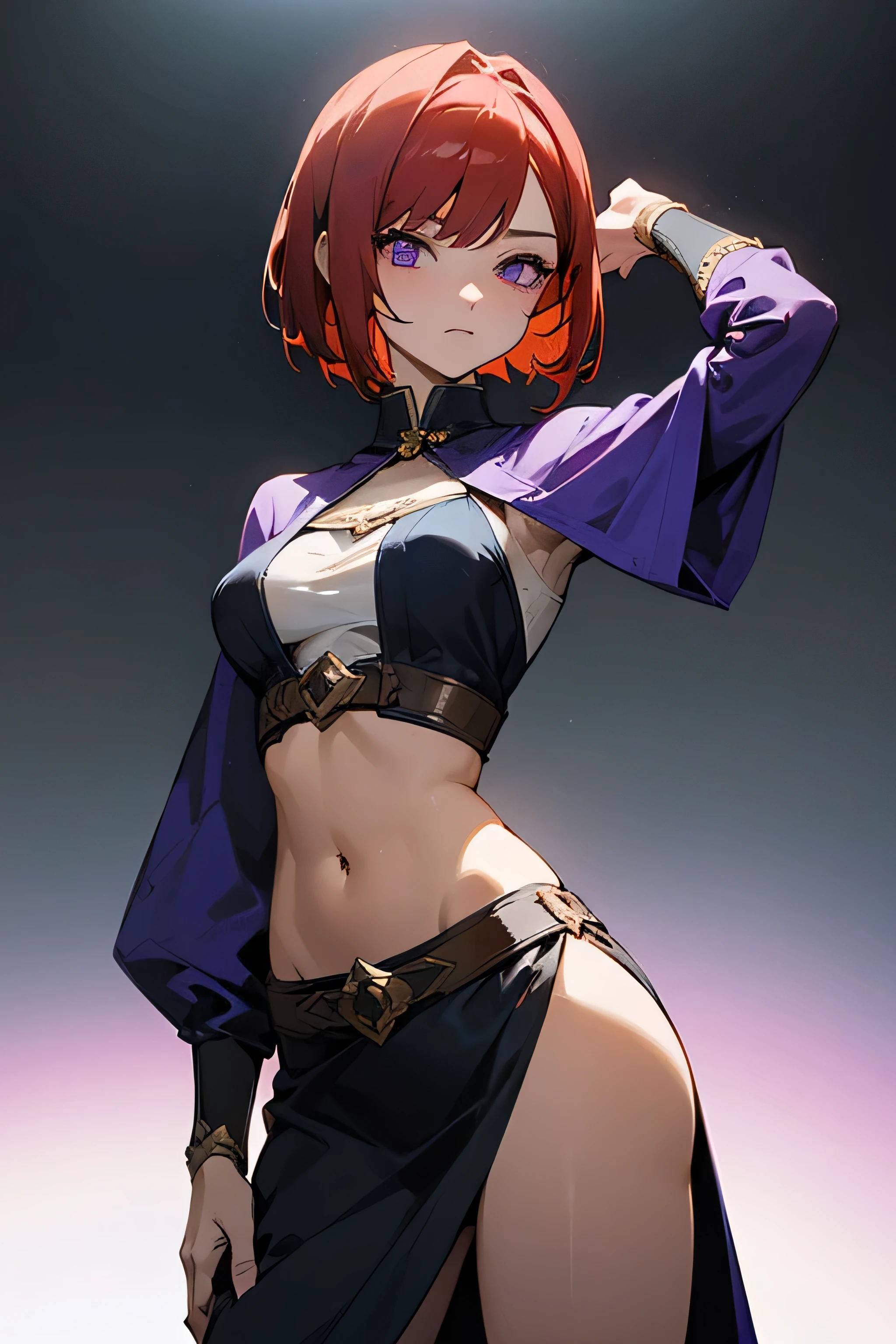 Anime style. She is a warrior and looks aggresive Her hair are very short. A young woman with very short, bob cut, slightly wavy red hair and captivating purple eyes, depicted in a detailed anime style. She has a slim, athletic build and an alluring, slightly shy expression. She is dressed in revealing, medieval-inspired attire designed to emphasize her erotic appeal. Her medieval outfit consists of a loosely fitted, open-front shirt that exposes her midriff and has a deep neckline, paired with a very short skirt made of light, flowing fabric. The clothing is minimally protective, highlighting her figure and curves. She stands in a suggestive pose, similar to the reference image, with one hand gently touching her hair and the other resting casually by her side. Medieval open clothes. She has strong athletic body with six pack.