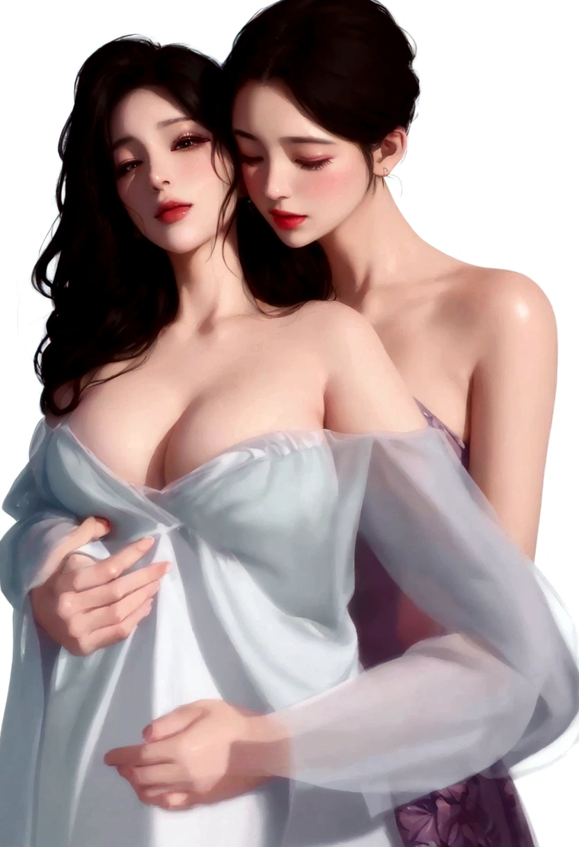 two women in white dresses are hugging each other, In the art form of the pond, [ digital art 4k ]!!, Spectacular painting, Made with Anime Painter Studio., two women, elegant digital painting, Digital Drawing Arts, Lesbian Art, Hot digital painting, glossy digital painting, two women, digital anime illustration, digital art images, Soft digital painting