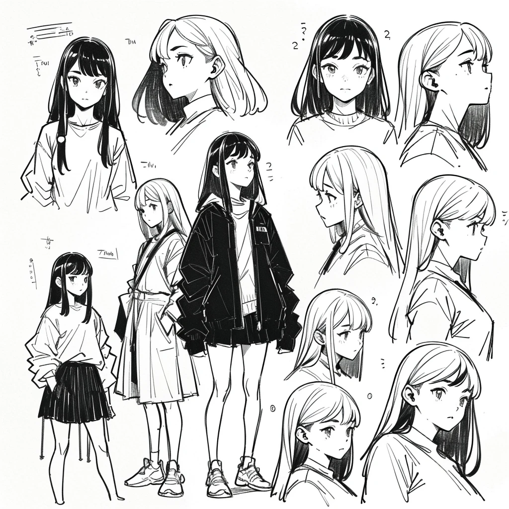 One Girl,Line art,Monochrome,sketch,Pencil drawing,Traditional Media,One Girl, skirt,Cute age Girls, ,Beautiful portrait、Delicate body、Black Hair、Black Hair,landscape,Black and White