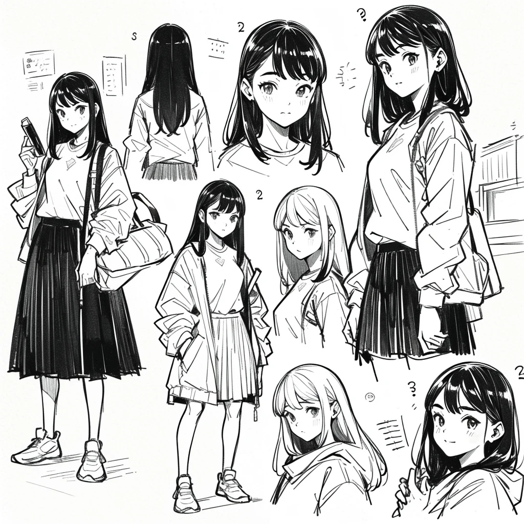 One Girl,Line art,Monochrome,sketch,Pencil drawing,Traditional Media,One Girl, skirt,Cute Teenage Girls, ,Beautiful portrait、Delicate body、Black Hair、Black Hair,landscape,Black and White