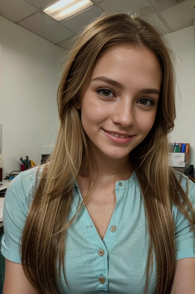 young woman,30 years,blonde , a small number of freckles on the face,Fancy Hairstyle,long hair,Office wear , small beautiful nose,American woman , photo selfie against the background of the office, smiling,Realism,эпик Realism,live photo