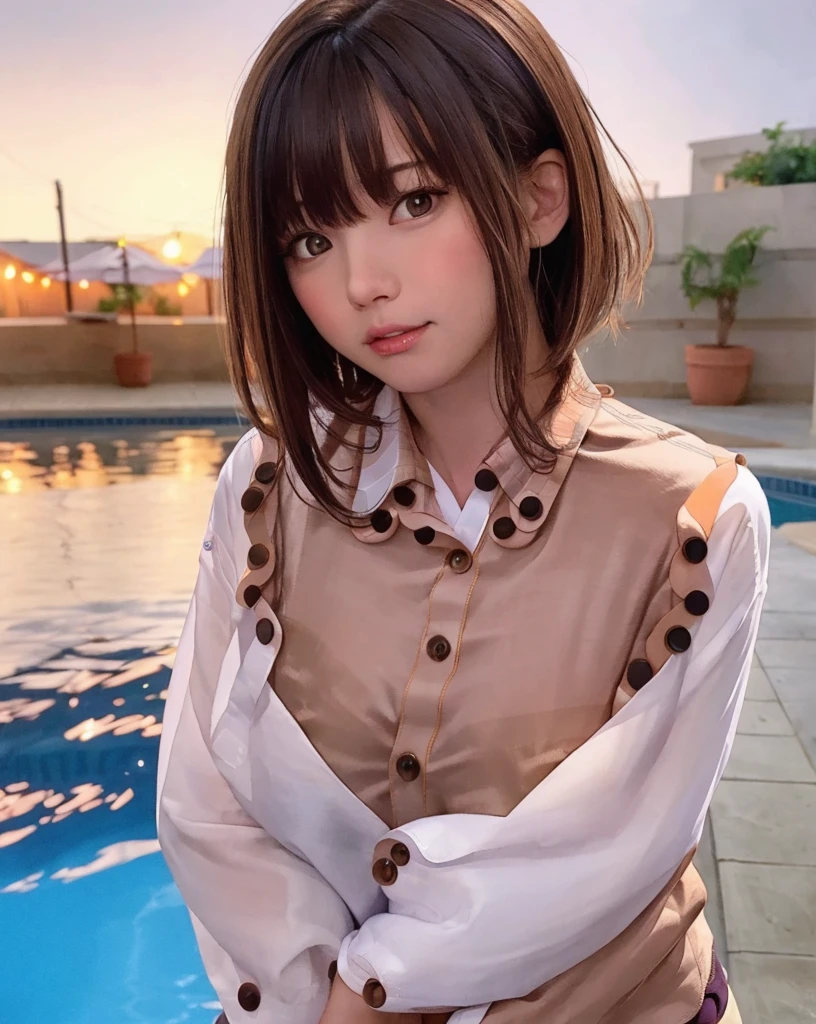 Purelos Face_v1, Highest quality, Realistic, 8K, High resolution, Full Color, One girl, woman, 20 years old woman, (Mouth closed:1.33), (Portraiture:0.6), wood, Dawn, ((Poolside Background:1.52)), Full Color, ((Buttoned shirt:1.88)), View your viewers:1.8, (One girl eyes View your viewers:1.55), (Medium Hair, Brown Hair, Parted bangs:1.35), (Bokeh), underwear