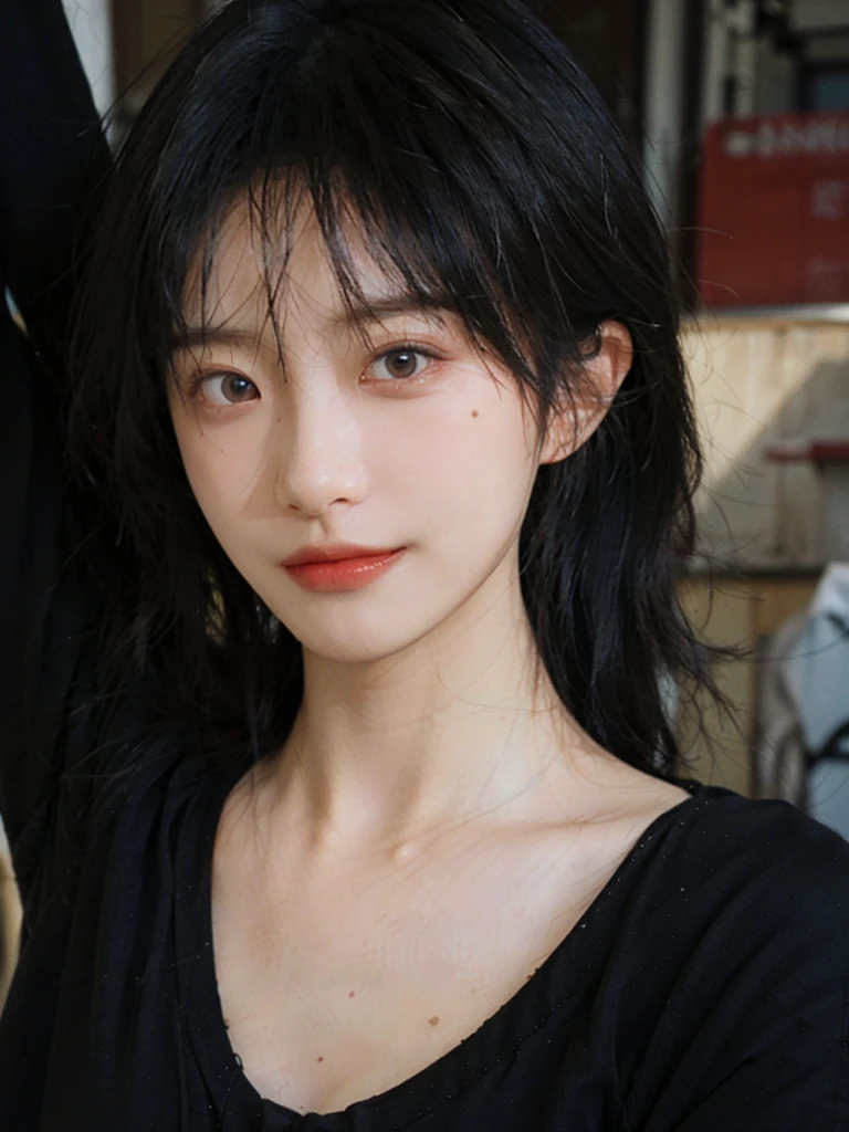 (Skin details:1.4), (smooth skin textures:1.3), （Upper Body：1.4），（Upper Body：1.3)，(Black clothes:1.4)，Lipstick, background, earrings, serene, calm, (Realistic and detailed eyes：1.2）, Natural skin texture, Realistic facial details, Soft dramatic lighting, Vivid details, 35 mm film, outdoor, (Photo Practical:1.4), (hyper Practical:1.4), (Practical:1.3), (Smoother lighting:1.05), (Improve lighting quality:0.9), (Highest quality real skin textures:1.4), Exquisite eyes, Delicate face, Close-up of face, (Enhance the beauty of skin texture:1.1),0Normal body proportions, short hair, Moles under the eyes, A faint smile,Portrait Photography, Depth of Field, Bokeh, Surrealism, Ray Tracing, (Portrait Photography:1.1), Surrealism, High Detail, Chiaroscuro, Ray Tracing, reflected light, Ultra HD, Ultra HD, masterpiece, Textured Skin, Super Detail, High Detail, high quality, best quality