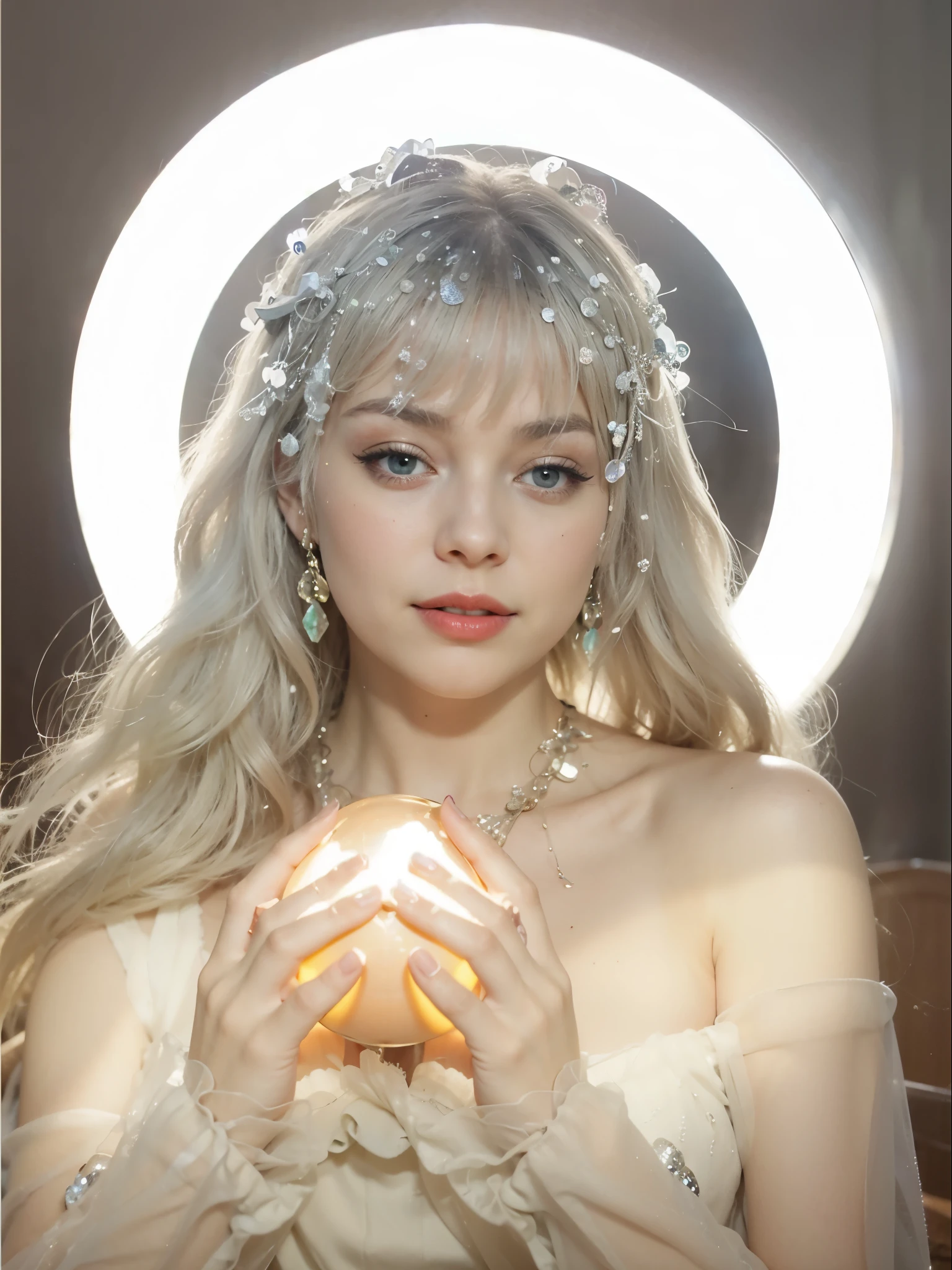 Realistic photo of a beautiful 4m4nd4s-v2 woman, 1girl, 独奏,((deep red lips)), long hair, smile, blonde hair, jewelry, green eyes, earrings, lips, realistic, soft lighting, professional Photography, Photorealistic, detailed, RAW, analogue, sharp focus, 8K, HD, dslr, high quality, Fujifilm XT3, film grain, award winning, masterpiece,Blue Eyes，18 years old foreign girl，Holding a glowing crystal ball in hand