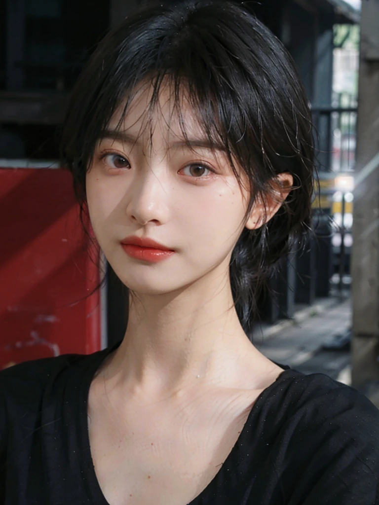 (Skin details:1.4), (smooth skin textures:1.3), （Upper Body：1.4），（Upper Body：1.3)，(Black clothes:1.4)，Lipstick, background, earrings, serene, calm, (Realistic and detailed eyes：1.2）, Natural skin texture, Realistic facial details, Soft dramatic lighting, Vivid details, 35 mm film, outdoor, (Photo Practical:1.4), (hyper Practical:1.4), (Practical:1.3), (Smoother lighting:1.05), (Improve lighting quality:0.9), (Highest quality real skin textures:1.4), Exquisite eyes, Delicate face, Close-up of face, (Enhance the beauty of skin texture:1.1),0Normal body proportions, short hair, Moles under the eyes, A faint smile,Portrait Photography, Depth of Field, Bokeh, Surrealism, Ray Tracing, (Portrait Photography:1.1), Surrealism, High Detail, Chiaroscuro, Ray Tracing, reflected light, Ultra HD, Ultra HD, masterpiece, Textured Skin, Super Detail, High Detail, high quality, best quality