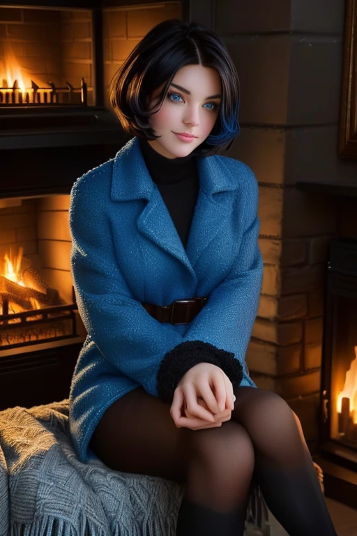 Kate, short black hair with blue highlights, looking at the viewer, blue eyes, perfect body, ((winter clothes)), sitting in front of a fireplace, in an elegant inn, drinking hot chocolate