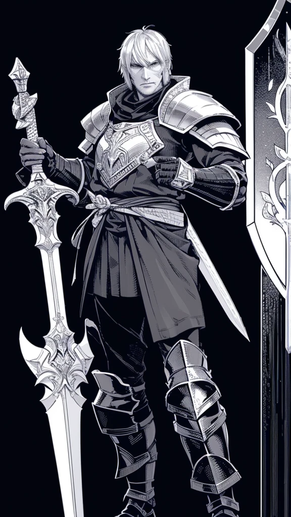 a close up of a person with a sword and a shield, a human male paladin, with large sword, from pathfinder, male paladin, cleric, elf knight, with leviathan axe, gold paladin, final fantasy tactics character, fantasy knight, fantasy paladin, brandishing halberd, artorias, the rider carries a large sword