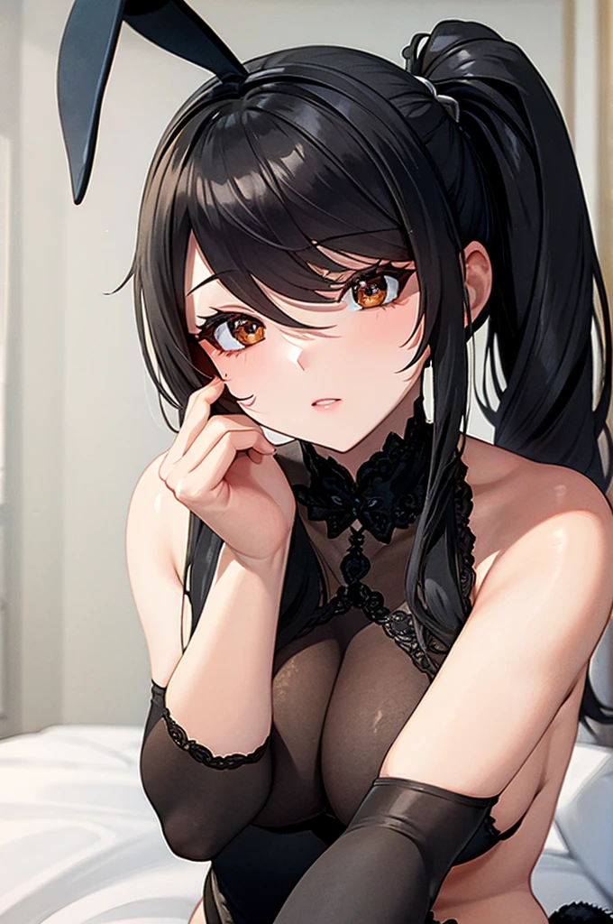 masterpiece,Big Breasts,beauty,Black Hair,Side Ponytail,masquerade face mask,rabbit ears,Linen_clothes