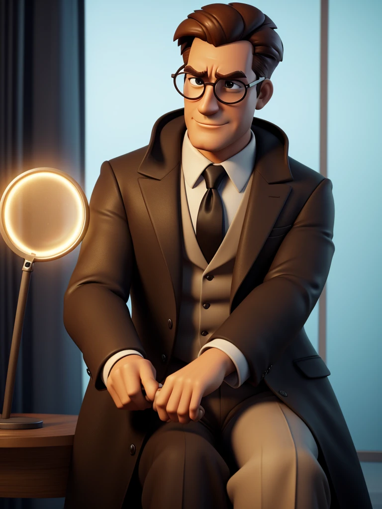 Cartoon character of a man in black glasses and a long brown coat with a light beige suit underneath, holding a magnifying glass, a real character, stylized character, animation style rendering, 3d stylized, Arnold Maya rendering, Stylized 3D rendering, toon render screenshot, 3d character, 3d character, Stylized 3D rendering, 3D character rendering, cartoon character, Personagem de close up, character posing, (Pixar-style) (master part:1.2) (bokeh) (best qualityer) (skin detailed) (detailed texture) (8K) (Argilla) (cinematic lighting) (sharp focus,Sit down and lift your upper body