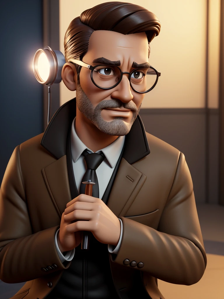 Cartoon character of a man in black glasses and a long brown coat with a light beige suit underneath, holding a magnifying glass, a real character, stylized character, animation style rendering, 3d stylized, Arnold Maya rendering, Stylized 3D rendering, toon render screenshot, 3d character, 3d character, Stylized 3D rendering, 3D character rendering, cartoon character, Personagem de close up, character posing, (Pixar-style) (master part:1.2) (bokeh) (best qualityer) (skin detailed) (detailed texture) (8K) (Argilla) (cinematic lighting) (sharp focus,Sit down and lift your upper body