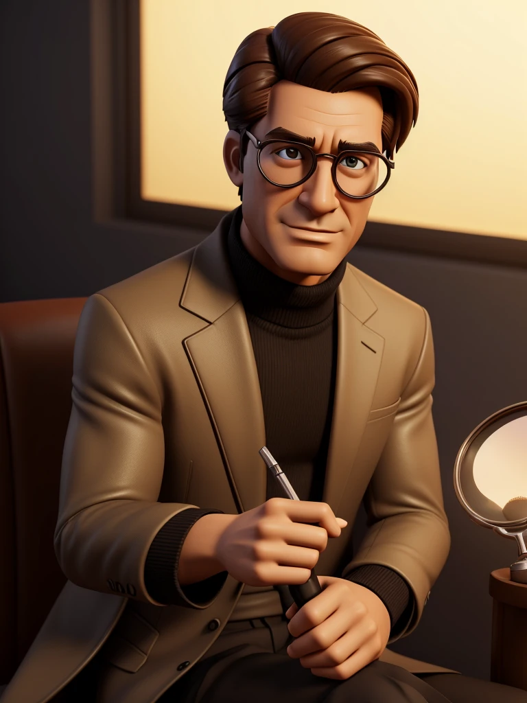 Cartoon character of a man in black glasses and a long brown coat with a light beige suit underneath, holding a magnifying glass, a real character, stylized character, animation style rendering, 3d stylized, Arnold Maya rendering, Stylized 3D rendering, toon render screenshot, 3d character, 3d character, Stylized 3D rendering, 3D character rendering, cartoon character, Personagem de close up, character posing, (Pixar-style) (master part:1.2) (bokeh) (best qualityer) (skin detailed) (detailed texture) (8K) (Argilla) (cinematic lighting) (sharp focus,Sit down and lift your upper body