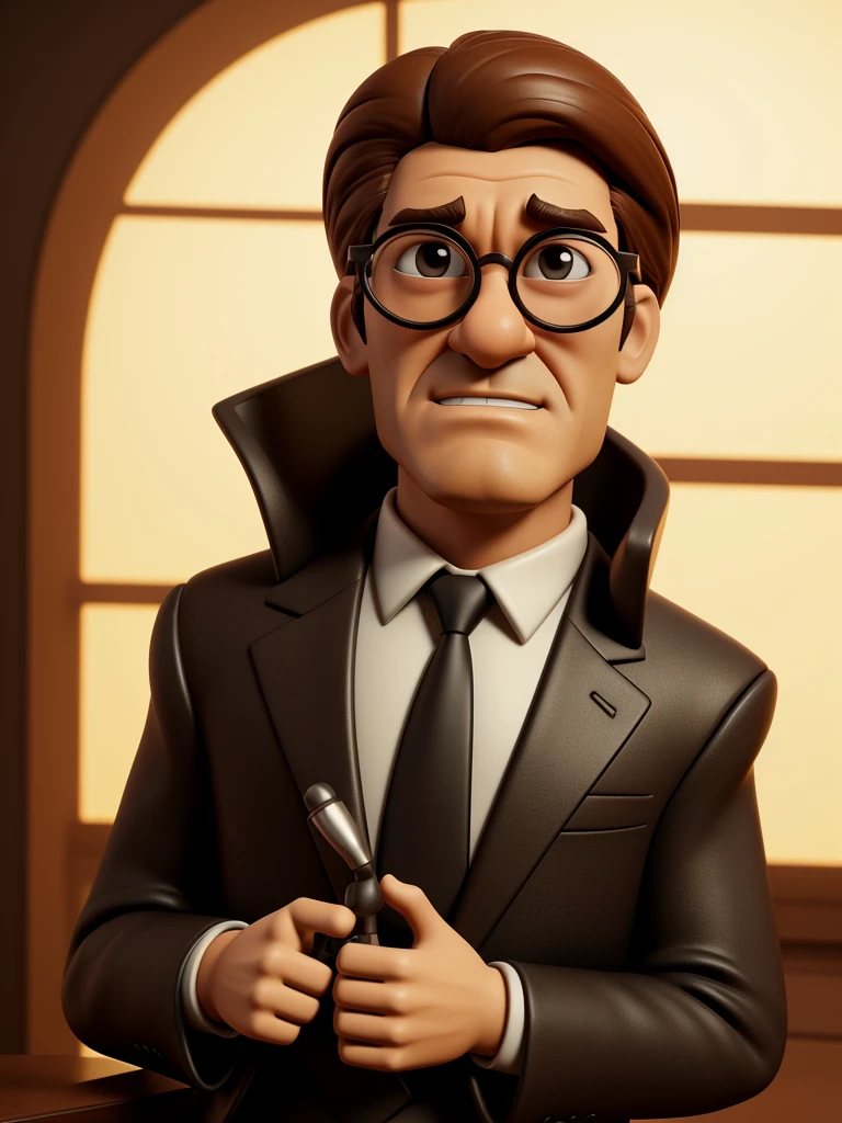 Cartoon character of a man in black glasses and a long brown coat with a light beige suit underneath, holding a magnifying glass, a real character, stylized character, animation style rendering, 3d stylized, Arnold Maya rendering, Stylized 3D rendering, toon render screenshot, 3d character, 3d character, Stylized 3D rendering, 3D character rendering, cartoon character, Personagem de close up, character posing, (Pixar-style) (master part:1.2) (bokeh) (best qualityer) (skin detailed) (detailed texture) (8K) (Argilla) (cinematic lighting) (sharp focus，Sit down and lift your upper body