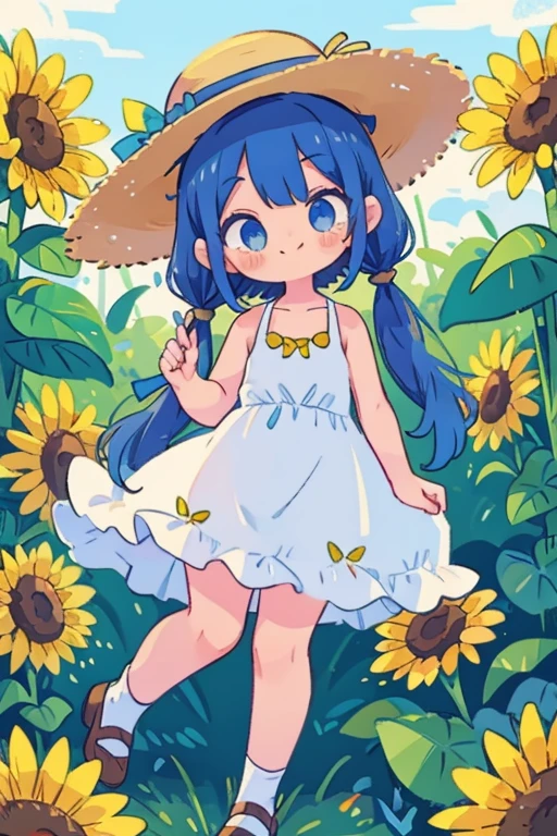 White Tank Top Dress。Straw hat。girl。smile。Twin tails。Blue Hair。front。Sunflower field。