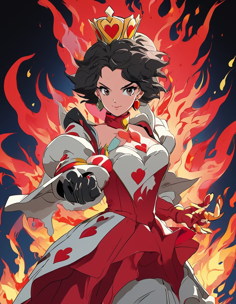 BREAK Perfect Anatomy、(High resolution:1.2)、Incredible illustrations、(Cute illustrations:1.2)、(Beautiful background)The Queen of Hearts strikes with her flaming right palm.(Mobile Fighter G Gundam style)