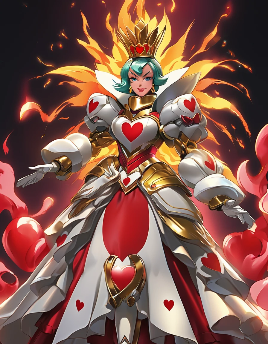 BREAK Perfect Anatomy、(High resolution:1.2)、Incredible illustrations、(Cute illustrations:1.2)、(Beautiful background)The Queen of Hearts strikes with her flaming right palm.(Mobile Fighter G Gundam style)