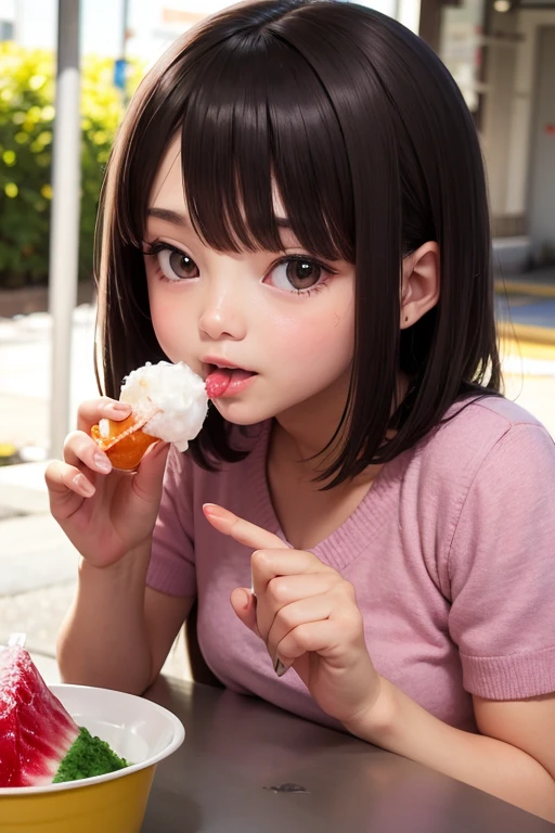 Daughter eating shaved ice