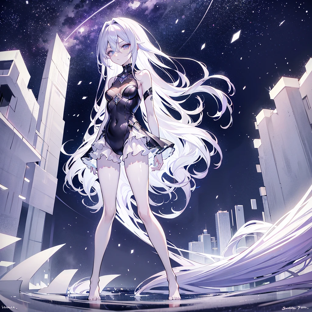 Lilac gradient hair,asymmetrical hair,((Hair is very thick 1.8,Well-defined head 1.6)), Hair over the shoulders, messy hair, very long hair, shiny hair,(long gray hair:1.2),a beautiful girl,(Luxury Platinum Mini Ultra Short Platinum Lolita,Made of transparent material),(Transparent clothes transparent 1.8),Perfect body,big thin legs,slim,(Looks very sad,Looking haggard ,sad,shut your mouth:1.2) Against the backdrop of an unusually bright dark starry sky,(Put your hands behind your back),(round,Room, firm breasts),barefoot,float,water surface,(long legs,long legs,long legs,Gestalt),full-body shot。