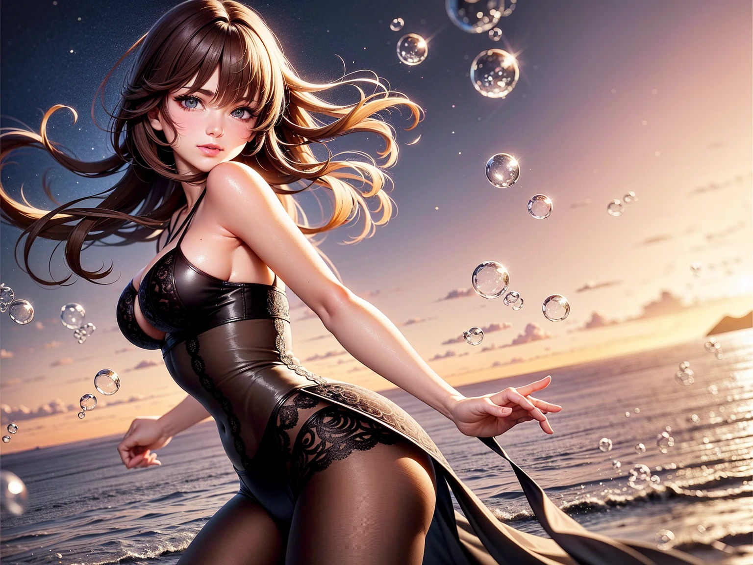 (((Exquisite))) Openwork tights, High-quality details, Flowing, dynamic, (1 female), Bright Eyes, Lively, Fascinating front and back, Silk texture, Expressing high-quality texture, Giant bubbles, Soft Light, Full of realism, At the moment, this girl is in a fantasy world..