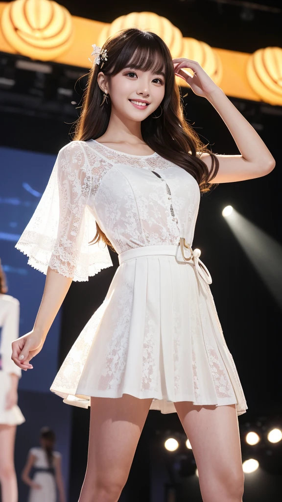 Amazingly large eyes、Smiling expression with white teeth visible、H cup bust、50cm waist、Slender and fair-skinned、Japan woman with long hair、20-year-old、Slim figure、Wearing a pleated skirt and a sheer lace blouse that flutters in the vivid breeze、Wearing high heels。On the runway at a fashion show、Her whole body was shown, from her high heels to her head, as she walked towards the viewer.、Bright, photo-quality images。