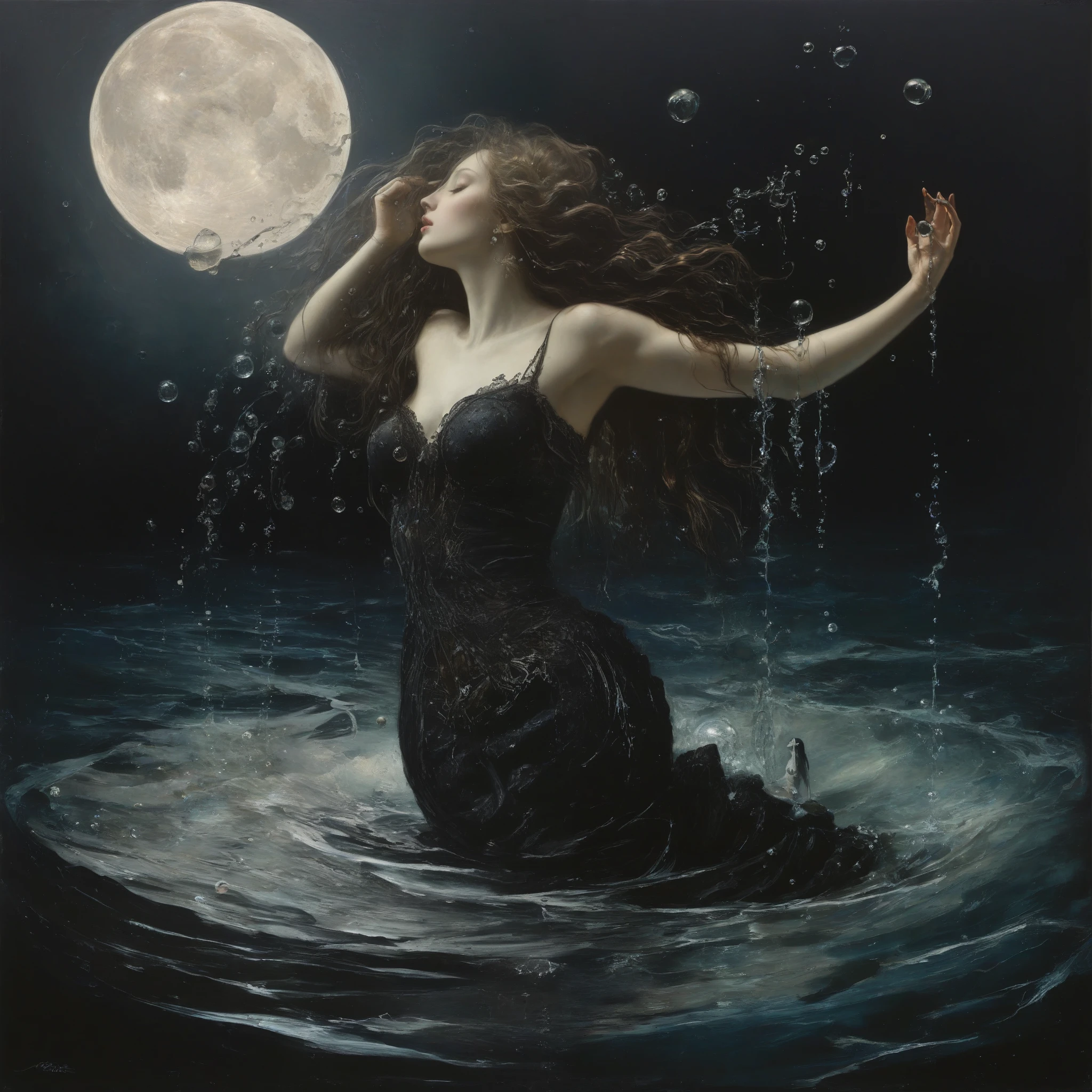 James Gurney, Surrealist art , dream-like, mysterious, Provocative, symbolic, Complex, detailed,, (Gothic but very beautiful:1.4), (masterpiece, Highest quality:1.4) , Nicola Samori Style, The moon kissed the mermaid , Water bubbles
