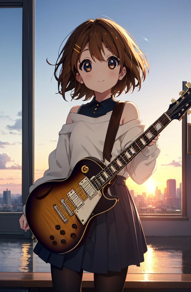 yuihirasawa, Yui Hirasawa, short hair, Brown Hair, hair ornaments, (Brown eyes:1.5),blush,smile,White oversized one-shoulder sweater,Black pleated skirt,White Pantyhose,short boots,Hair Clip,guitar(Gibson Les Paul)Flip、smile、Overlooking the city from the top of the hill、Beautiful sunset、the wind is strong、whole bodyがイラストに入るように,
break otdoors, 丘
break looking at viewer, whole body、
break (masterpiece:1.2), Highest quality, High resolution, unity 8k wallpaper, (shape:0.8), (Beautiful and beautiful eyes:1.6), Highly detailed face, Perfect lighting, Highly detailed CG, (Perfect hands, Perfect Anatomy),