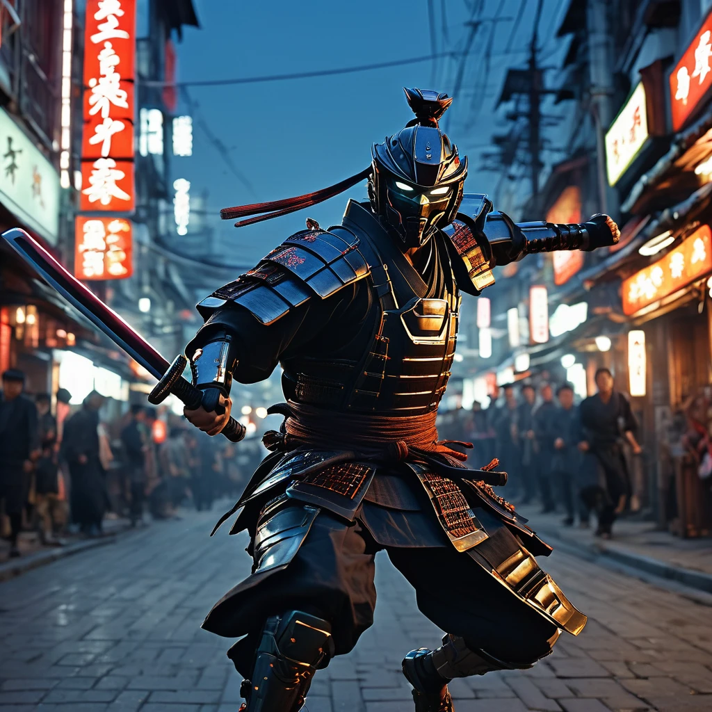 a cinematic frame depicting an action scene, a cybernetic samurai makes a jump and swings a sword at the enemy, emotions of rage on his face, a grin of rage, a megalopolis street, evening, evening lighting, lantern light, dynamic frame, cinematic lighting, focus on the samurai, high detail, maximum realism, cinematographic processing