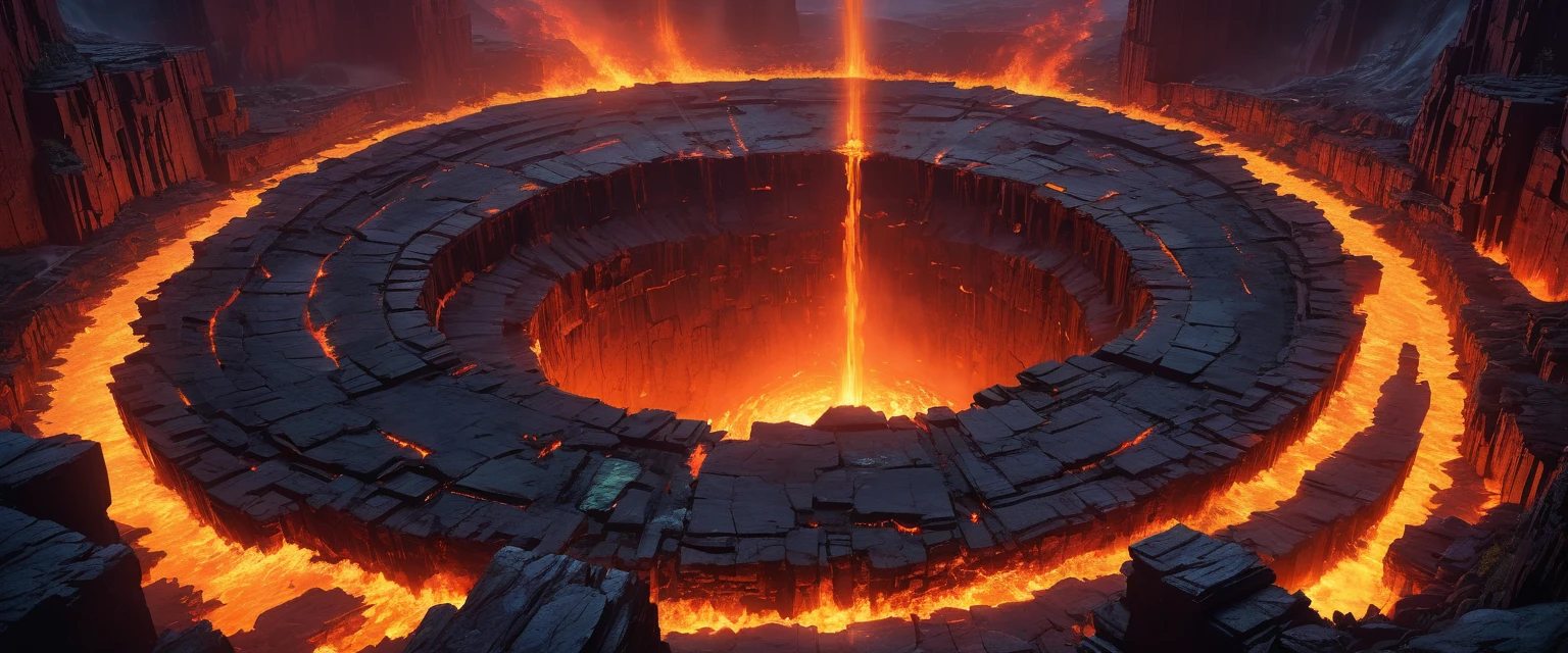 (anime, fantasy, sink hole), (detailed CG unity 8k wallpaper, masterpiece, best quality, ultra-detailed, HDR:1.2), vibrant colors, intricate, high FXAA, The underworld depicted as a dark, hellish sink hole, dark fantasy, fire ring, thriller, burning lava