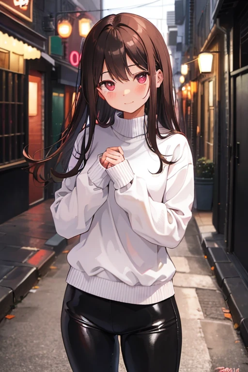 Colossal ,Black underwear,Brown hair,length hair,Pink eyes,top-quality,Blushing cheeks,Cunning smile,Color gimmicks,Back alley,Red Light District at Night,Black sweater,Talk face to face,Put your hands on your chest,Frontal portrait,Leather pants